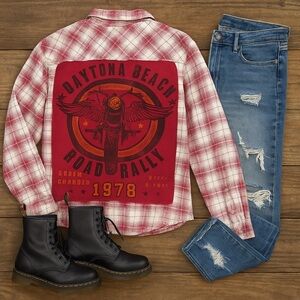 Handmade Upcycled Plaid Flannel Shirt Daytona Beach Road Rally Back 1978 Fits XL
